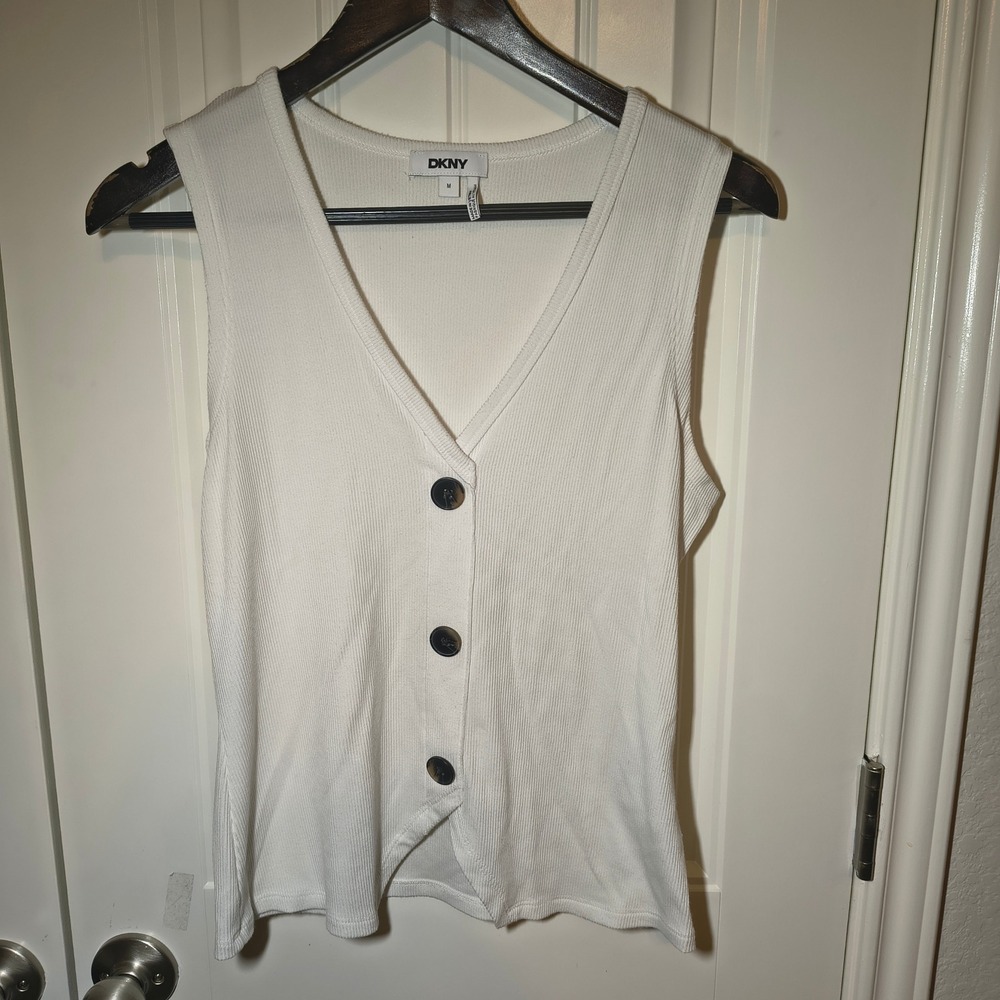 DKNY Womens White Ribbed Knit V-Neck Button Front Tank Top Size Medium